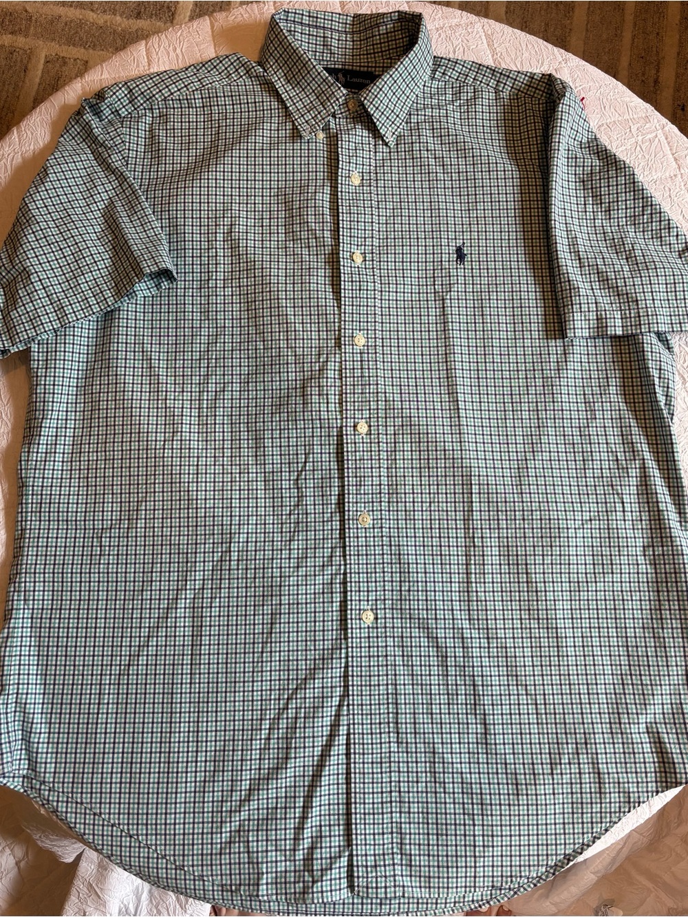 Ralph Lauren Short Sleeve Green and white Checkered Oxford button-up shirt Sz L